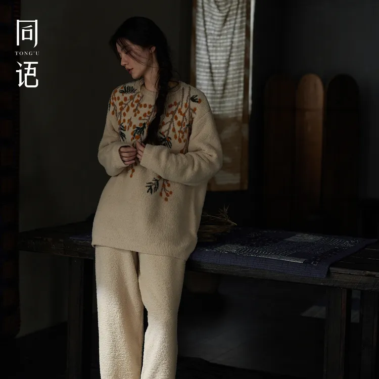 同语冬季半边绒睡衣女款长袖保暖家居服可外穿套装加绒珊瑚绒秋冬