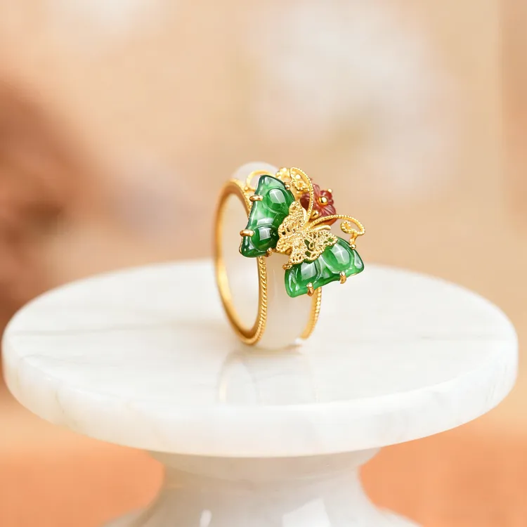 戊申堂【玉蝴蝶】和田玉戒指翡翠蝴蝶两带款送礼 国风珠宝商品图