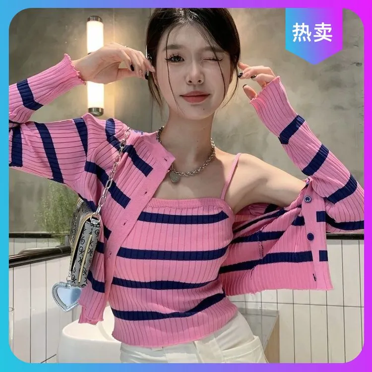 【1238人好评】2025年春装韩版复古百搭条纹单排扣长袖针织开衫内搭