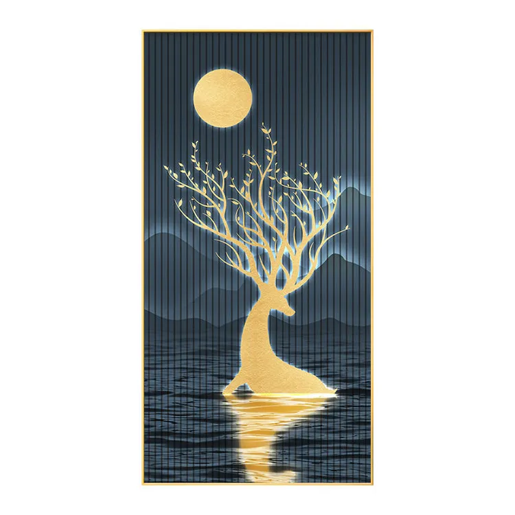 麋鹿入户玄关装饰画走廊过道背景墙壁画轻奢客厅进门竖版酒店挂画
