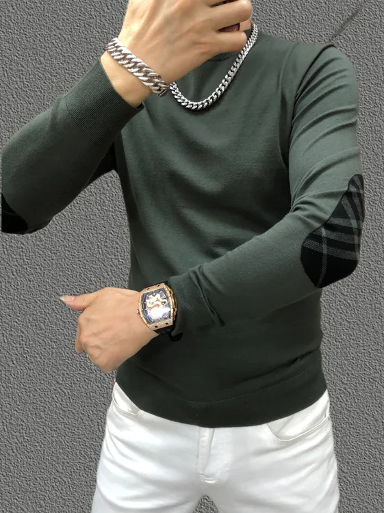 （秋季轻奢）男士高端时尚百搭商务圆领修身肘贴针织薄纱打底衫3781