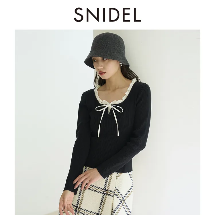 SNIDEL2025秋冬新品甜美荷叶领蝴蝶结系带长袖针织衫SWNT254219