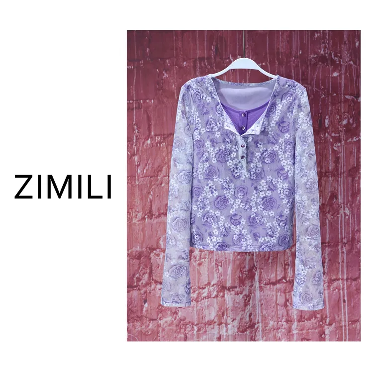 【亮哥女装】2025欧版薰衣草紫碎花网纱拼接高弹打底上衣7112-K7