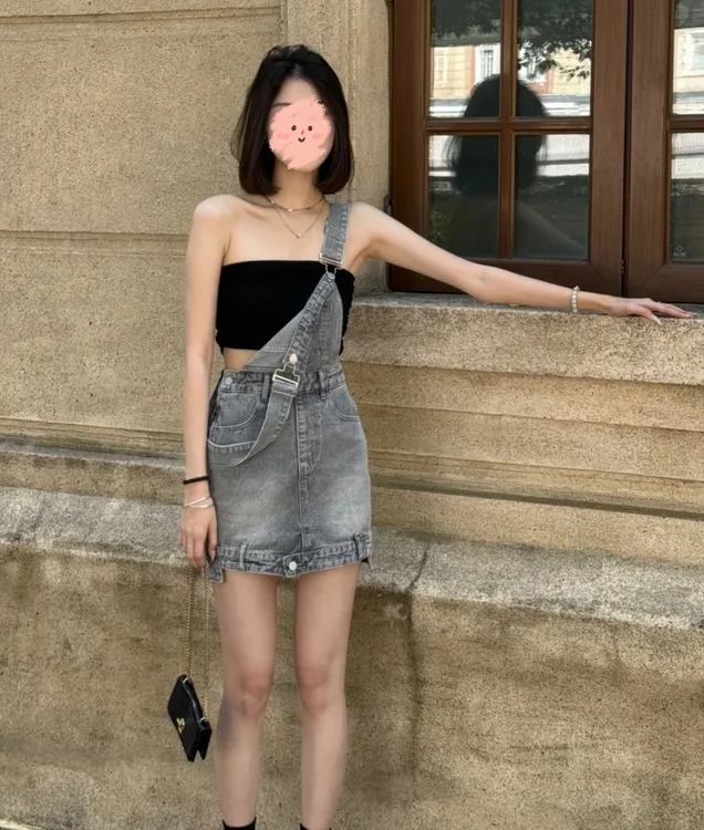 小个子复古牛仔背带裙女2024夏季小众设计感抹胸上衣高腰短裙套装