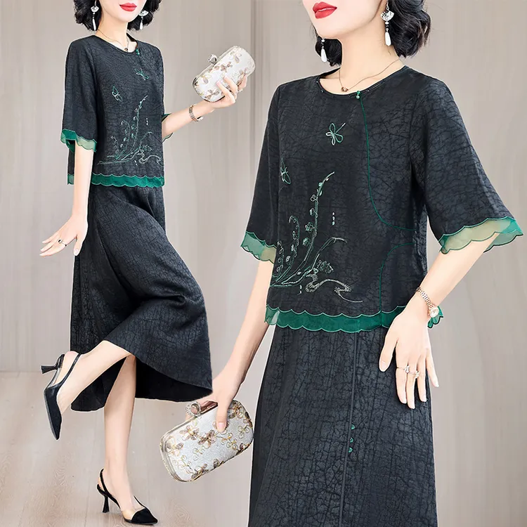 夏季新款龟裂纹香云紗上衣半裙复古绣花仿真丝两件套宽松大码显瘦