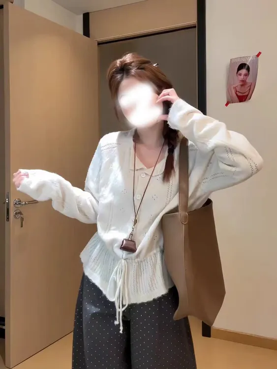 淡颜系早秋款奶油系设计感收腰绑带针织开衫上衣镂空设计感百搭女