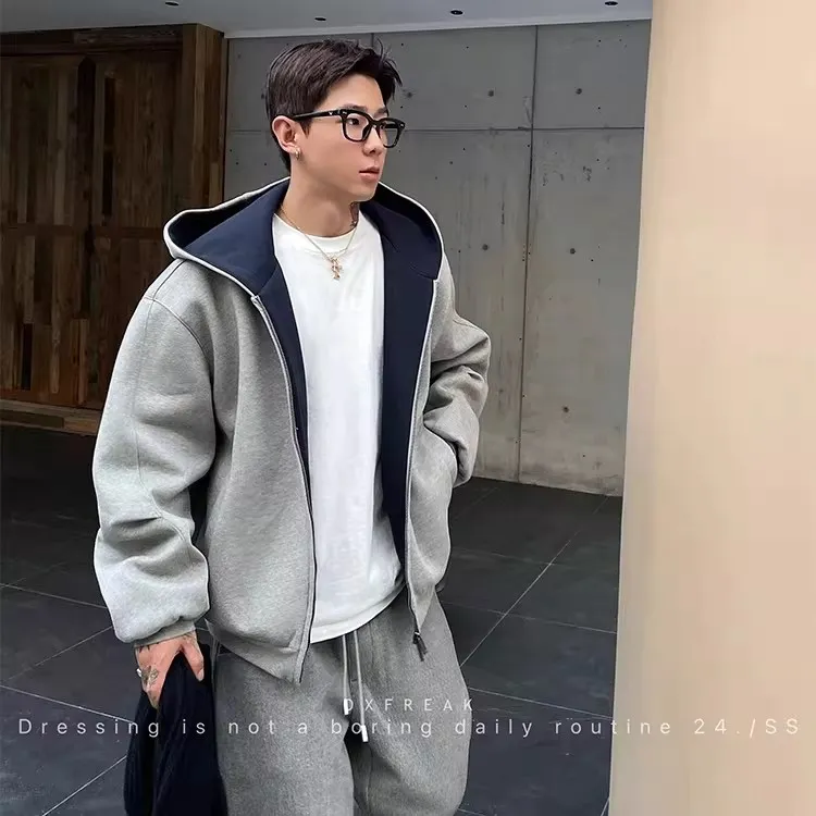 【重磅高克重】秋季美式连帽卫衣男百搭休闲拼接运动开衫外套情侣潮
