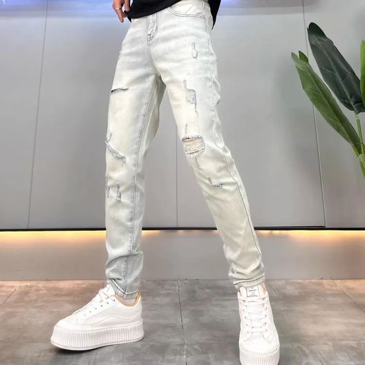 破洞个性时尚男春夏季浅色牛仔裤潮流百搭弹力小脚青年潮牌长裤子