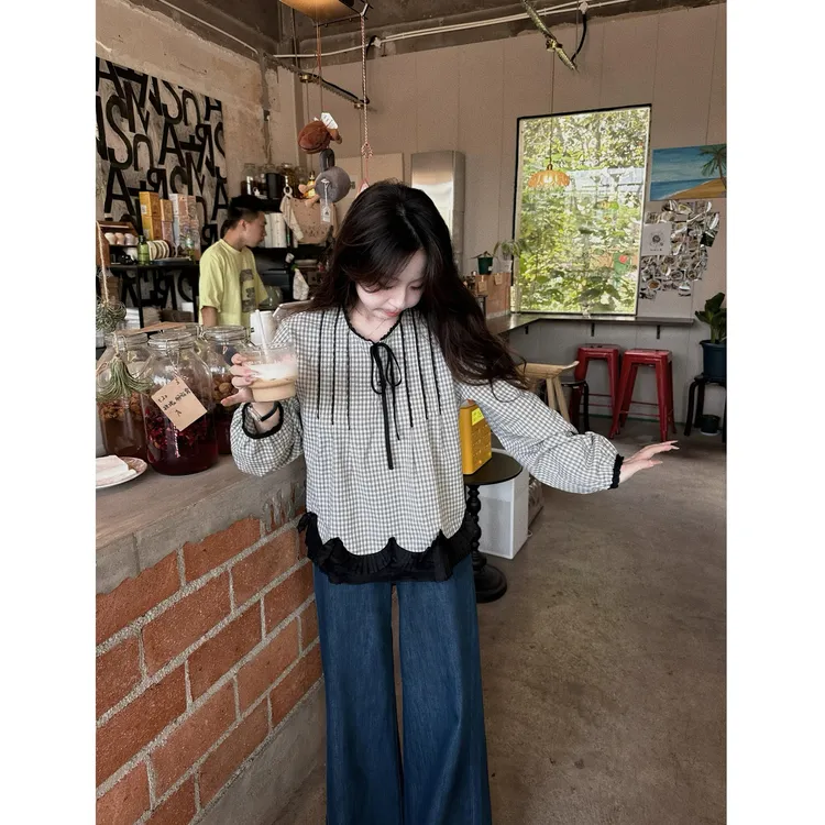 2025秋季新款法式复古格子百褶边衬衫上衣搭配牛仔裤显瘦两件套女