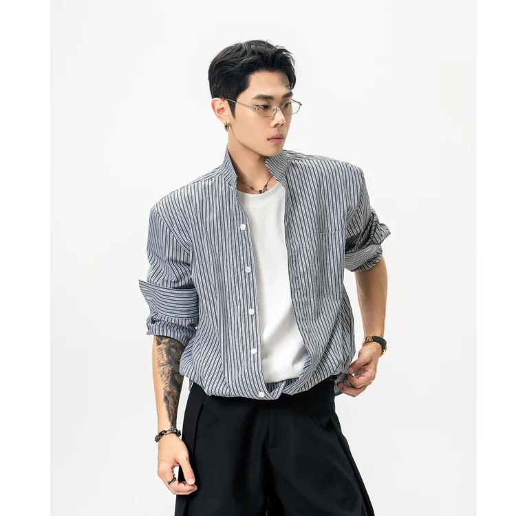 DBW Doublewin高智感条纹假两件长袖衬衫男夏季百搭宽肩上衣1233