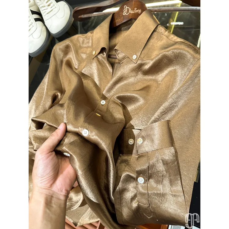 爱上这质感~高端醋酸面料古巴领长袖衬衫男士微阔休闲衬衣男秋季