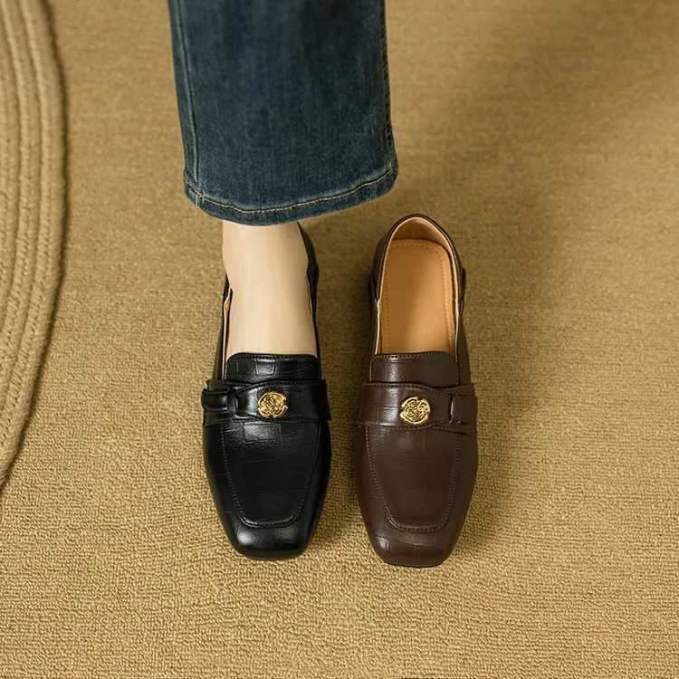 山茶花软底乐福鞋女2025春秋新款复古粗中跟单鞋一脚蹬小皮鞋单鞋