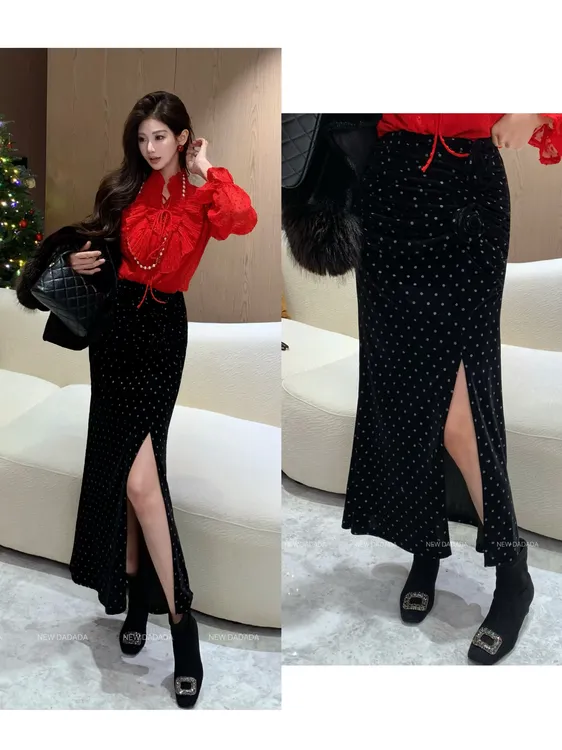 利达 NEW DADADA 丝绒波点长裙气质开叉设计感显瘦半身裙CEZ4134