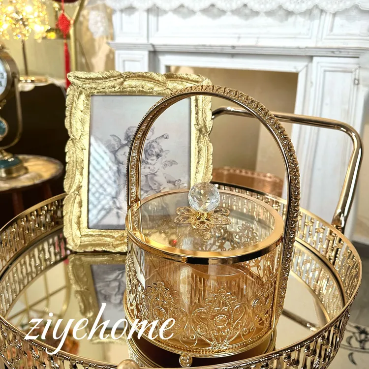 皇冠糖果提篮金色收纳带盖钢化玻璃家居客厅茶几瓜子精美糖果罐