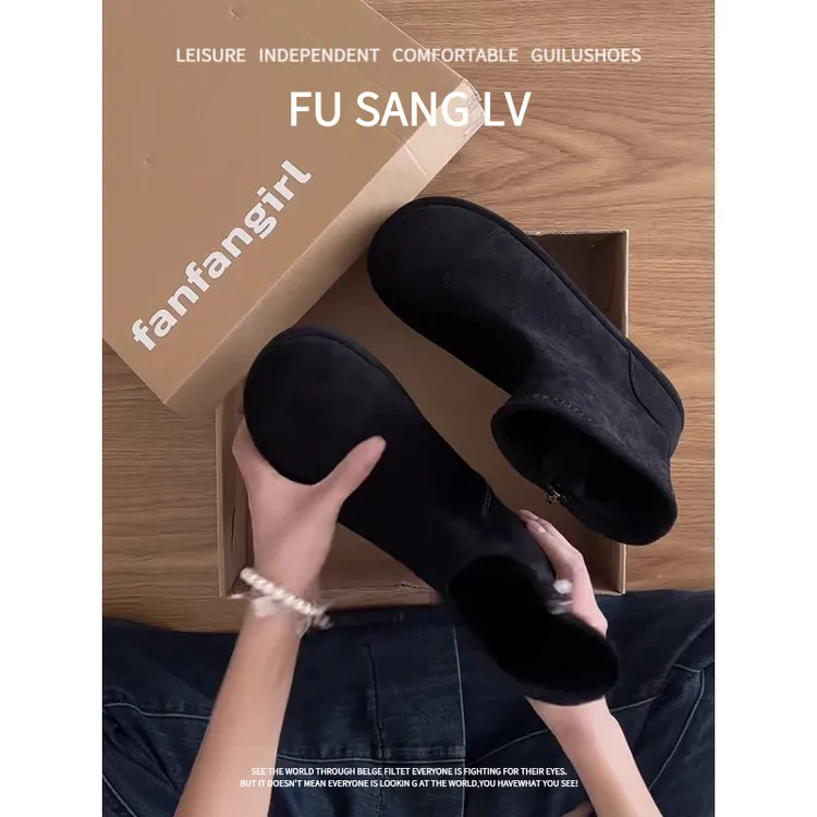 羊皮版~2025新款覆古风圆头厚底简约小众柔软短靴不累脚时装靴女