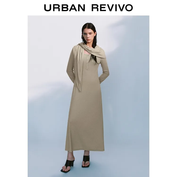 UR2026春季新款女装休闲披肩绑带纽扣修身连衣裙UWH750093