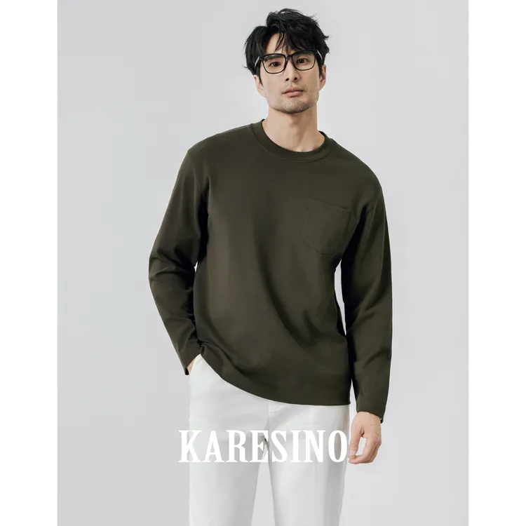 KARESINO秋季莫代尔空气层百搭上衣T恤男士休闲口袋圆领T恤衫长袖