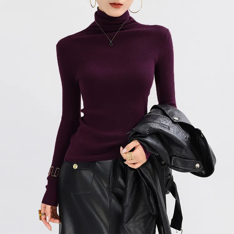 法式高级感堆堆领毛衣女秋冬新款高领修身针织软糯羊毛紫色打底衫