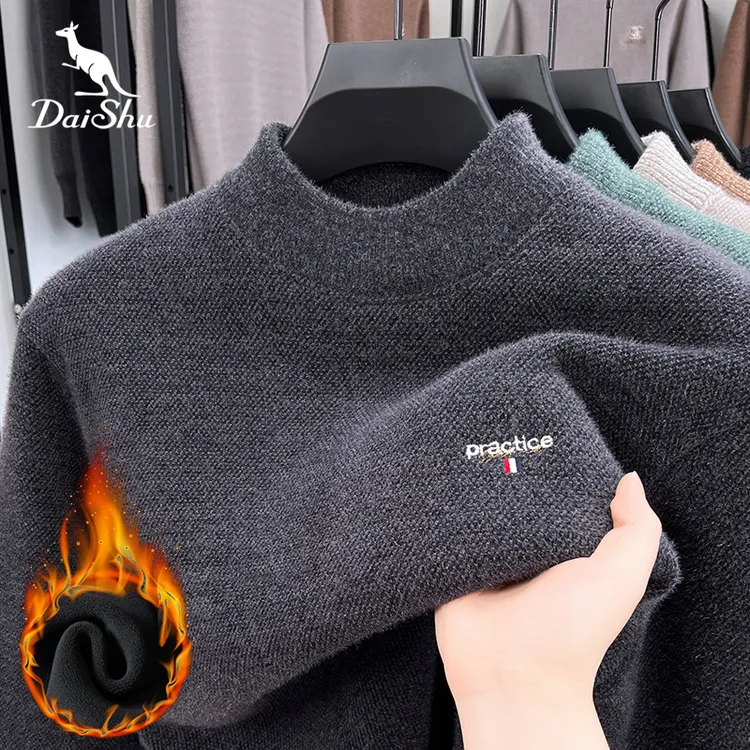 Dai Shu/袋鼠冬季加绒加厚刺绣毛衣男士半高领时尚潮流保暖毛线衣