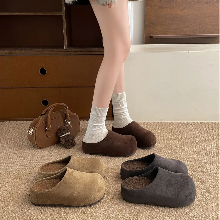 黑色复古防滑厚底半拖勃肯鞋女2025新款秋季增高软底包头棉拖鞋子