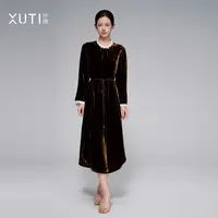 序缇新中式100%桑蚕丝早秋丝绒连衣裙女新款长裙子S15-21616