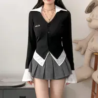 【8321桃】撞色假两件开衫polo领T恤女胖mm大码纯欲修身气质打底衫