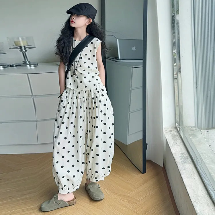 女大童夏季波点背心灯笼裤套装时尚洋气中学生女孩夏天九分裤潮衣