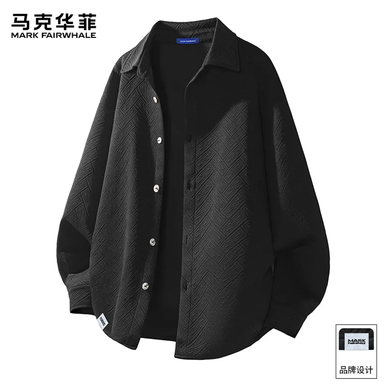 马克华菲美式肌理感提花长袖衬衫男士秋季新款潮牌宽松翻领上衣服