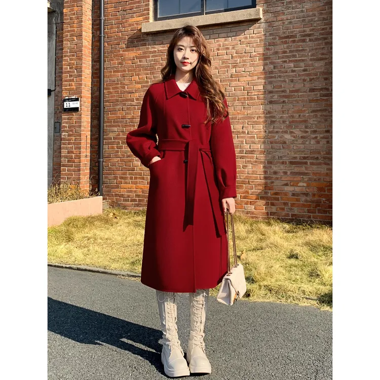 高级感红色毛呢外套女中长款2026新款气质系带收腰双面呢羊毛大衣
