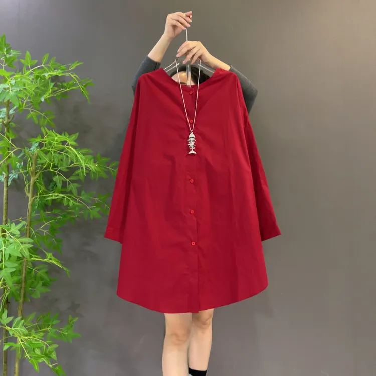676新款洋气百搭红色衬衣前后两穿设计百搭大码简约中长款衬衫