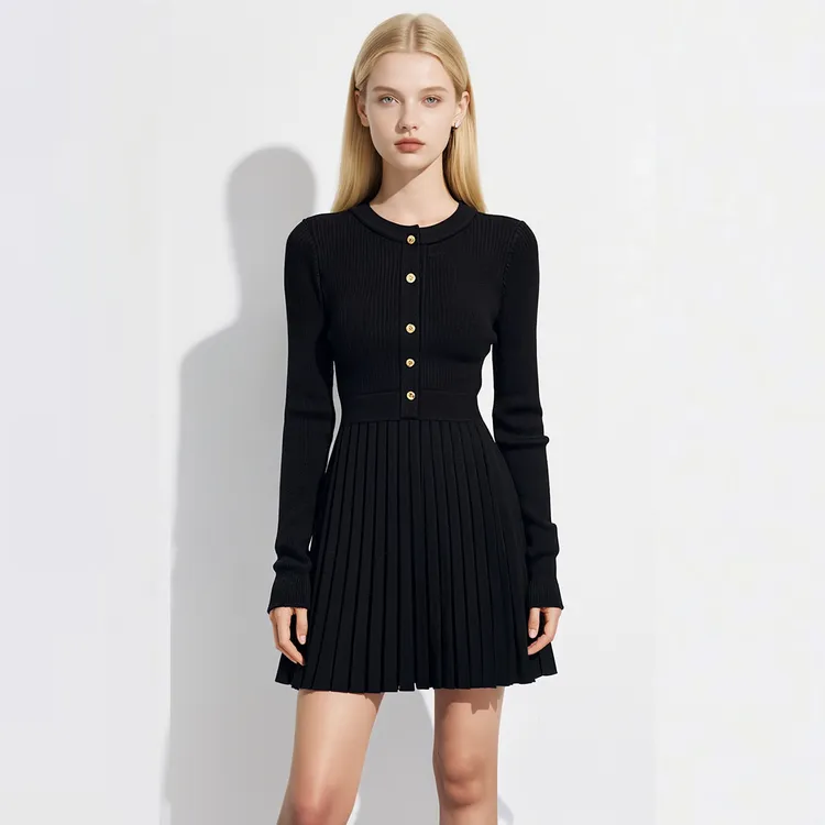 秋冬法式轻奢女修身百褶小黑裙冬季小个子百搭打底黑色针织连衣裙