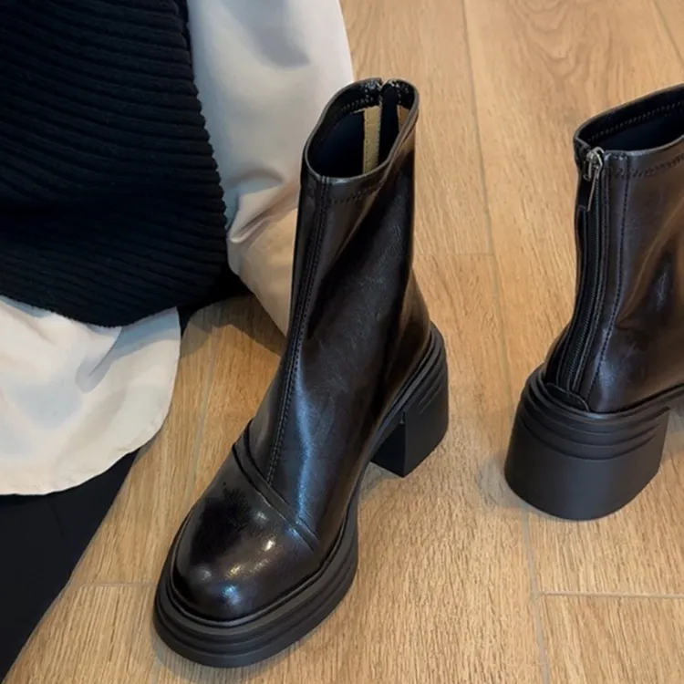 2025新款厚底增高小个子高跟短靴女圆头加绒秋冬瘦瘦靴粗跟马丁靴