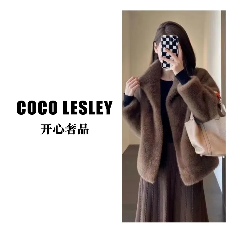 咖色立领新貂绒大衣女短款进口貂绒天鹅绒时尚简约外套女冬12