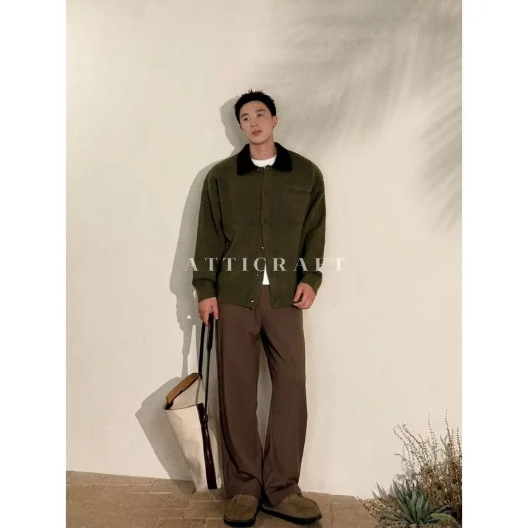 AttiCraft【进口纱线毛衫】秋季撞色翻领针织开衫宽松加厚上衣男25