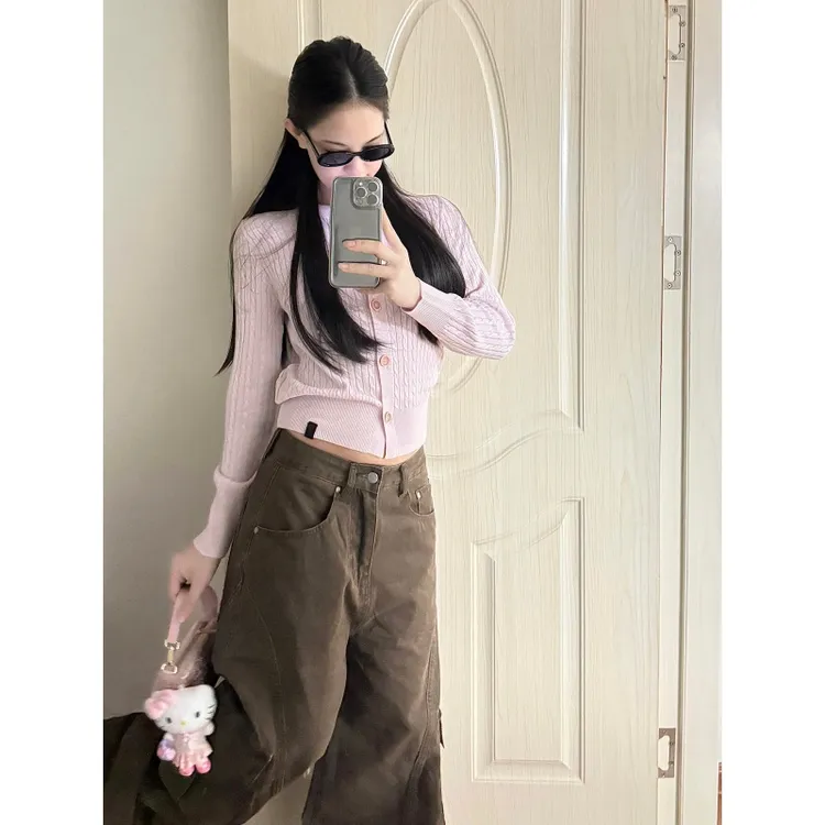 韩系复古甜辣风纯欲风圆领长袖针织开衫女秋季新款复古休闲长裤潮