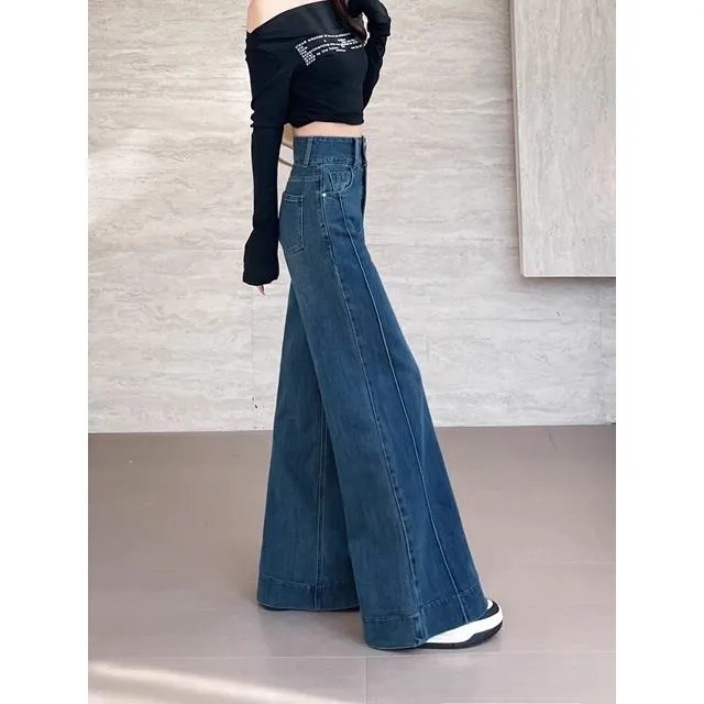 潮流拼接设计直筒复古蓝遮胯显瘦牛仔裤2025秋季新款高腰微喇裤子