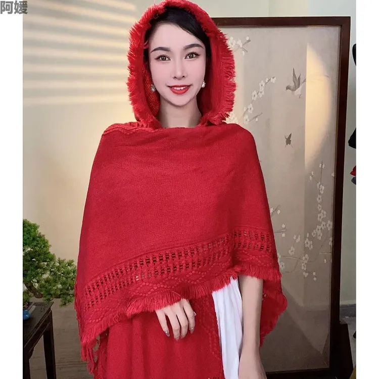 旅行戴帽针织披肩女民族风披肩云南丽江西藏旅游拍照新款斗篷披风