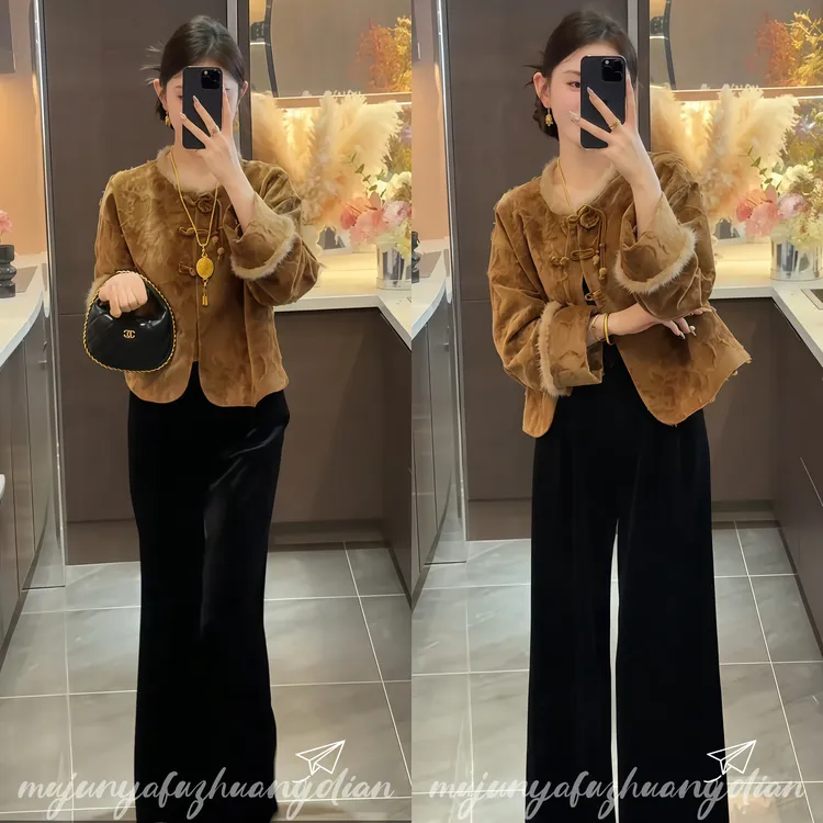 2025秋冬网红新款新中式外套女国风重工烧花毛盘套装