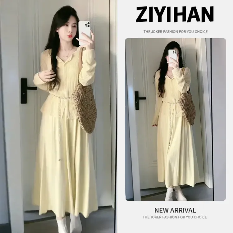2025秋季新款时尚长袖开衫背心裙两件套女士法式气质减龄爆款套装
