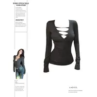 大码胖MM纯欲辣妹镂空V领长袖T恤女秋新款修身显瘦打底衫内搭上衣