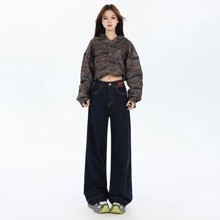 丹宁蓝阔腿裤女高腰宽松显瘦2024年秋冬季新品防褪色直筒牛仔裤