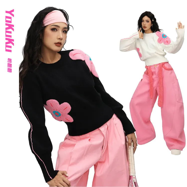 哟酷酷（花好月圆）秋冬法式时尚潮酷波浪袖大花圆领套头针织毛衣