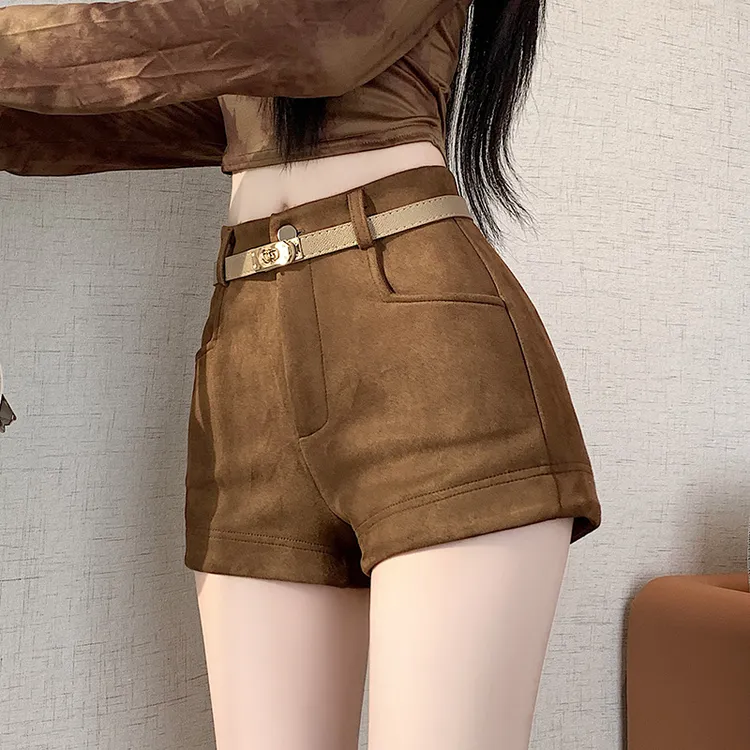 咖色鹿皮绒短裤女热裤秋冬季新款美式辣妹风气质百搭a字靴裤