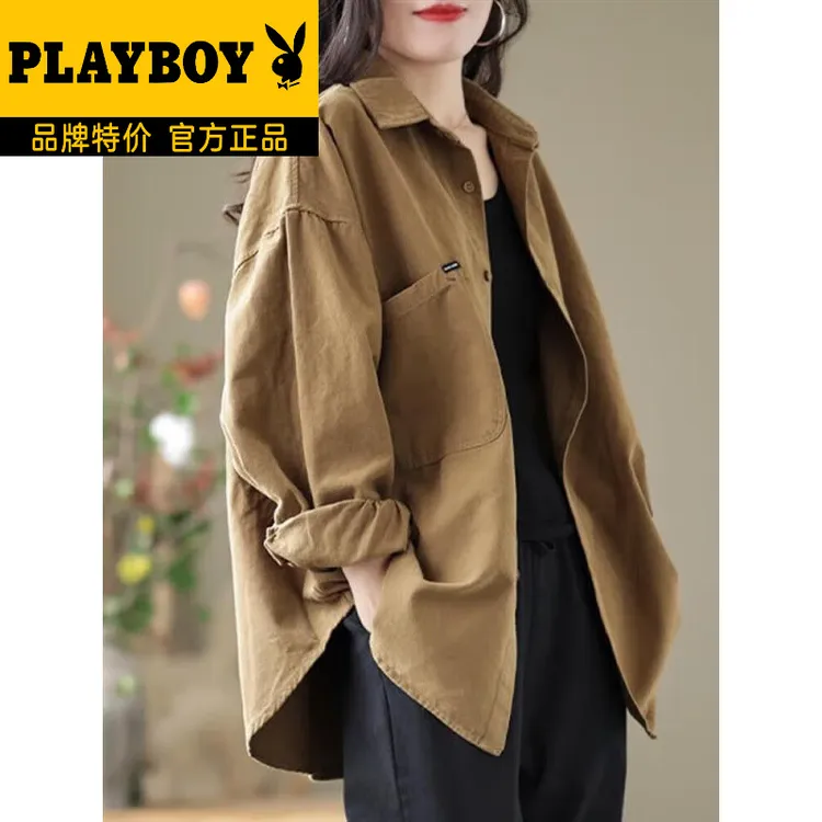 花花公子官方大码休闲长袖衬衫外套女士春秋季新款中年宽松显瘦开
