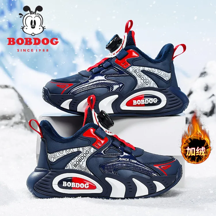 巴布豆男童鞋棉鞋儿童冬季新款加绒保暖运动鞋男孩皮面舒适跑步鞋