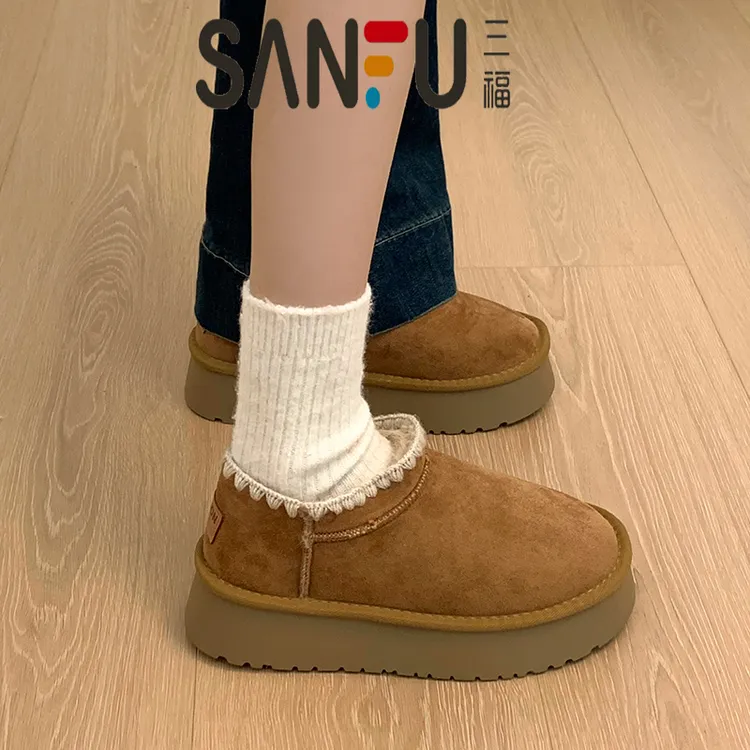 三福厚底5CM雪地靴女2025秋冬新款增高加绒加厚短筒靴保暖大棉鞋