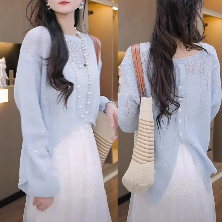 法式镂空别致防晒款针织衫女2025夏季新后背单排扣设计长袖上衣