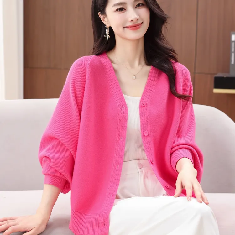2025春秋季新款流苏V领针织开衫上衣女秋季宽松大码蝙蝠袖外套