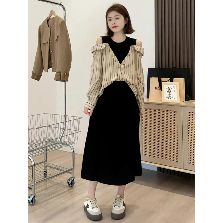 2025春秋季新款女士假两件条纹拼接露肩长袖连衣裙休闲减龄衬衫裙