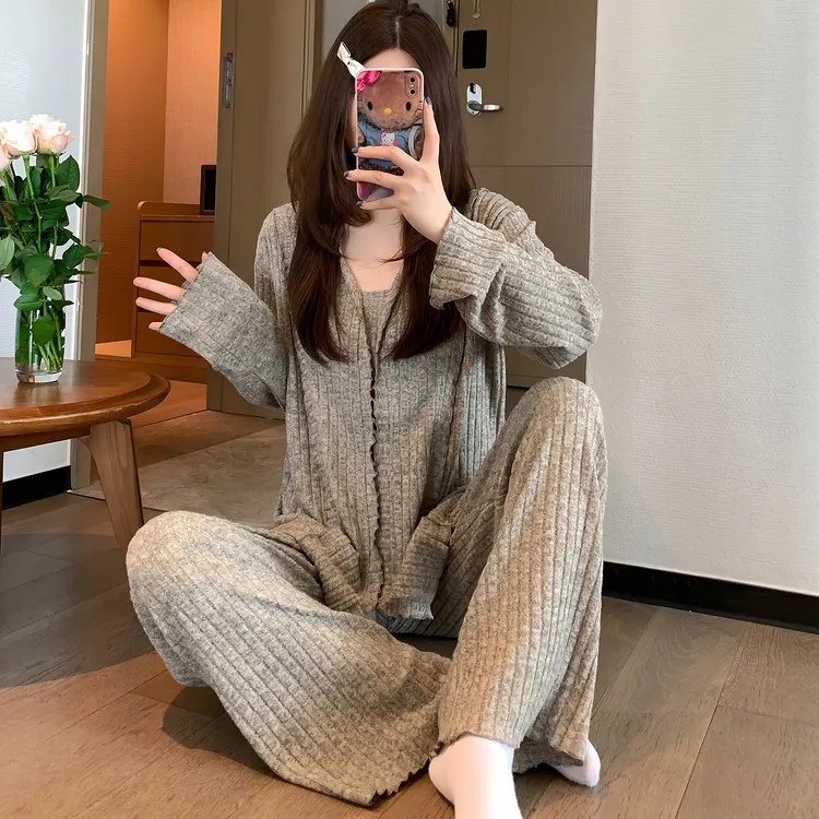 秋款韩系灰色网红风睡衣女休闲长袖长裤家居服套装2025新款春秋季